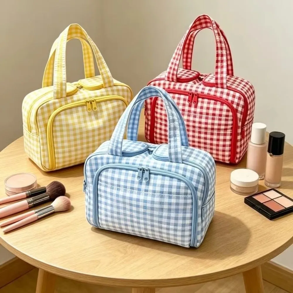 Large Capacity Cosmetic Organizer Bag Double Zipper Multi Compartments Makeup Bag Checkered Pattern Portable Design