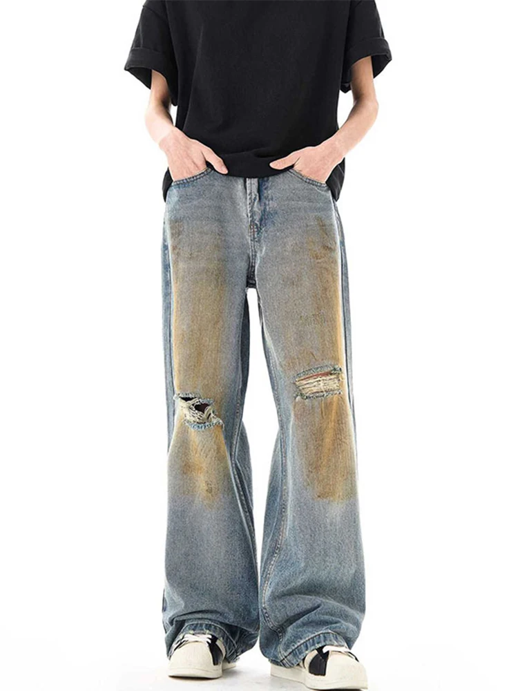 

Summer Ripped Jeans Men High-waisted Vintage Streetwear Men Pants Baggy Casual Wide-leg Jeans Solid Straight Y2k Men’s Jeans