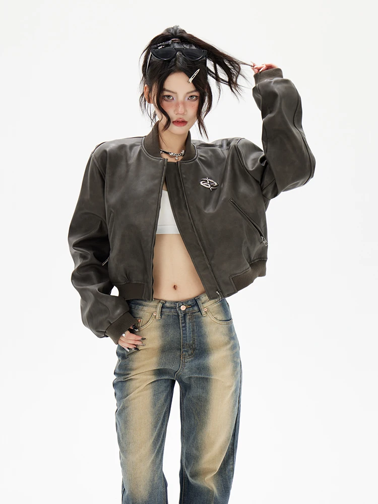 American Vintage PU Leather Jackets Korean Chic Hippop Stand Collar Zipper Casual Coats Y2k Aesthetic Punk Grunge Top 2000s