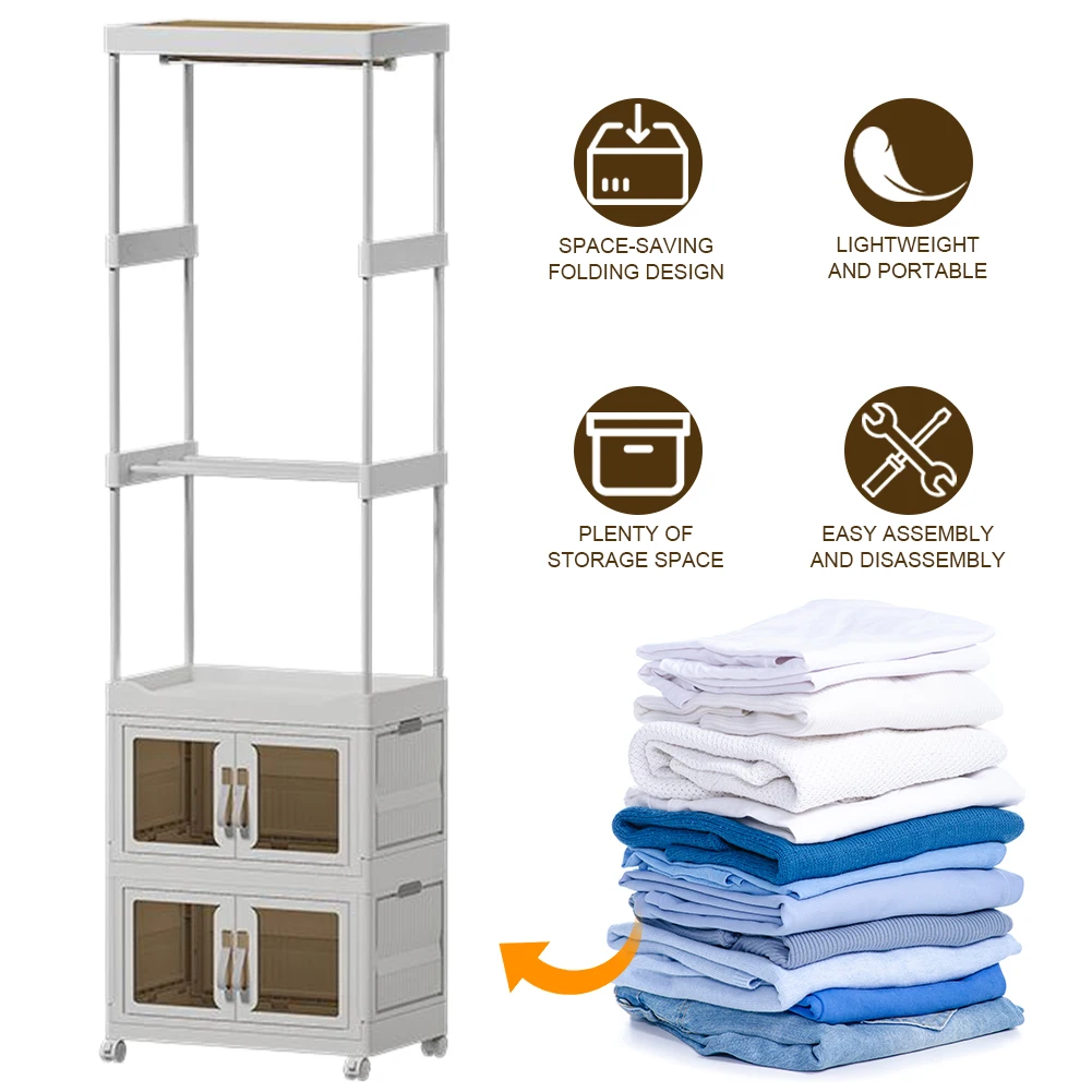 

Mobile Wardrobe Portable Closet with Haging Rod & Cabinet Clothes Organizer with Wheels Wardrobe Closet Rack for Home Storage