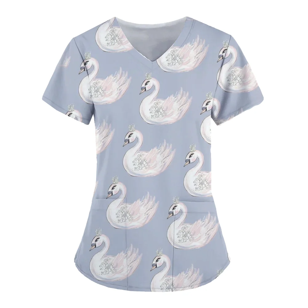 

Женская медсестринская униформа, простой топ с 3D-принтом лебедей и V-образным вырезом, карманы, медицинская униформа, хирургический халат для кормления, топы, рабочая одежда