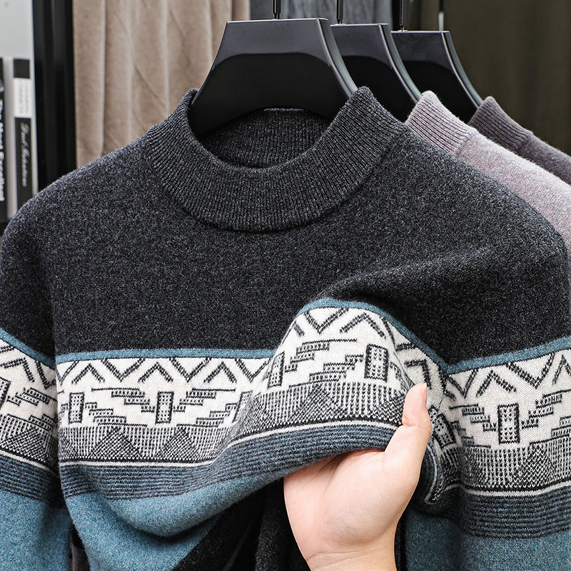 

Wool100% Men High Quality Autumn Winter Sweater Round Neck Jacquard 12needle Craftsmanship Long Sleeves Sweater Exquisite Tops