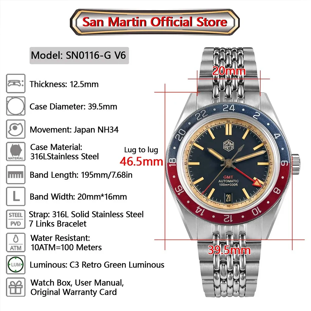 San Martin-Relógio Mecânico Automático Masculino, Moldura de Alumínio, Sapphire, Impermeável, Luxo, Novo, Original, NH34, GMT, 100m