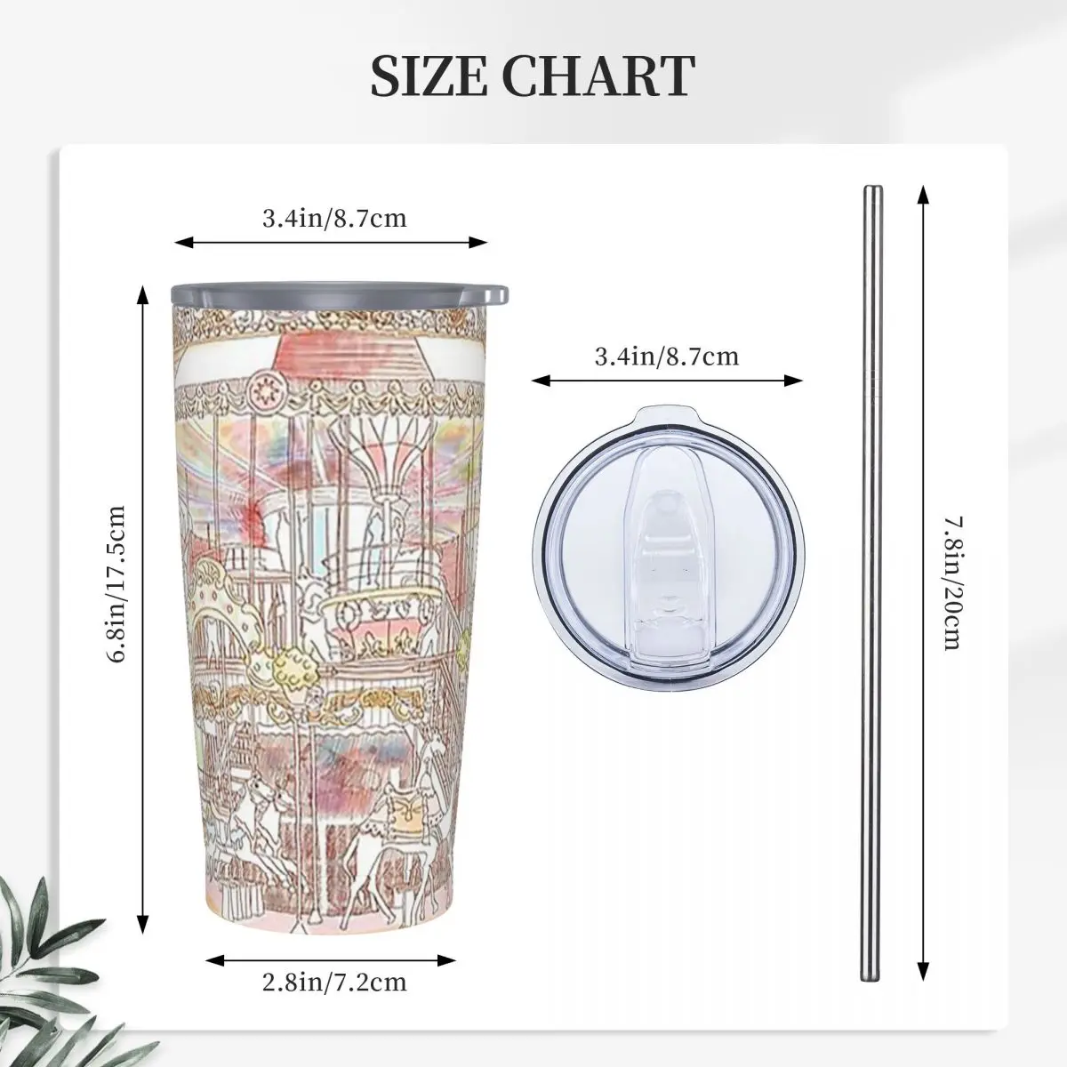 Pastel Circus Carousel Stainless Steel Tumbler Vacuum Insulated Mug Thermal Cold Cup Straw With Lid 20oz