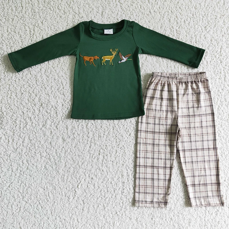 

Baby Boy Christmas Nightwear Outfit Clothing Embroidery Dog Deer Duck Children Green Cotton Set Plaid Pants Kids Infant Pajamas