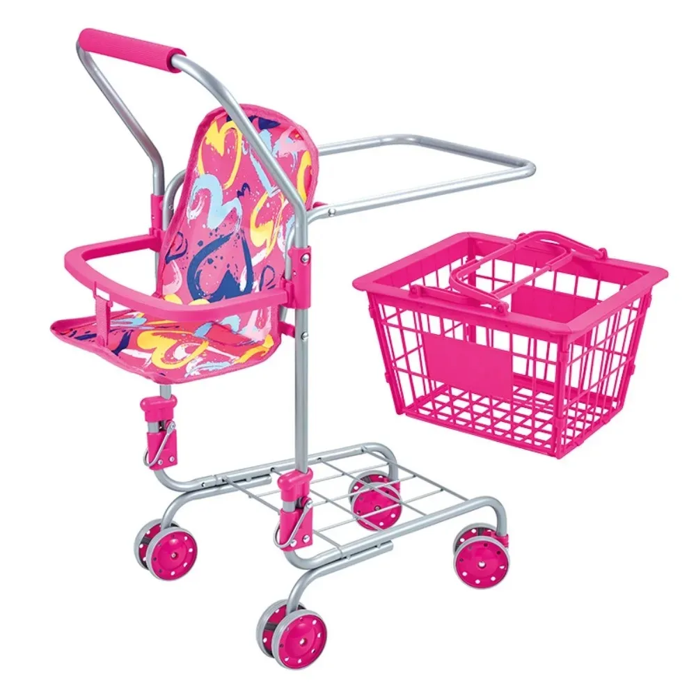 Baby-Puppen-Einkaufswagen für Mädchen, Kinder, Kleinkinder, Rollenspiel, Einkaufsspielzeug mit abnehmbarem Korb, stabiler Metallrahmen, Weihnachtsgeschenke