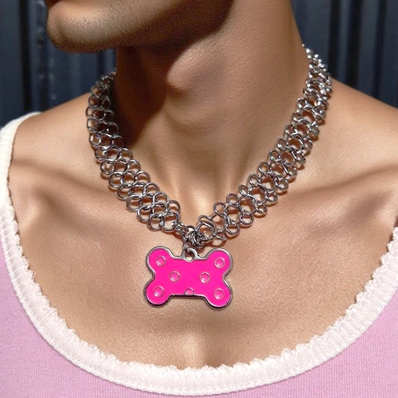 Punk Chain Splicing Pink Bone Pendant Necklace for Women Harajuku Kawaii Y2K Necklace Charm Korean Fashion Accessories Jewelry