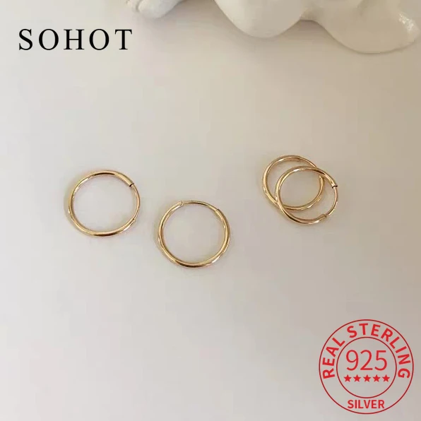 Real 925 Sterling Silver 14K Gold 10/12MM Round Hoop Earrings for Women Minimalist Trendy Fine Jewelry Ear Bones Accessories