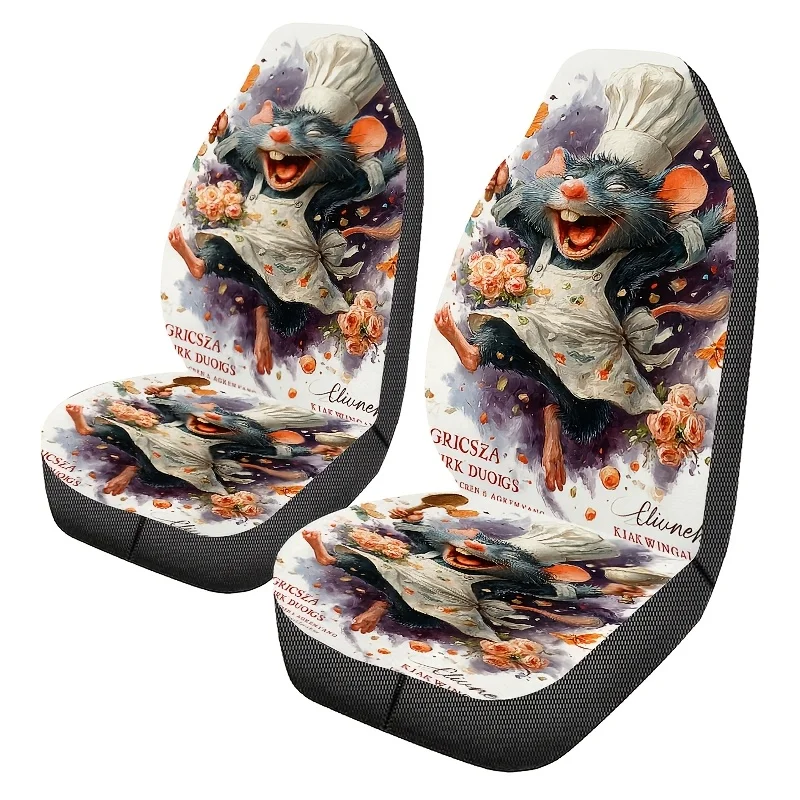 Set Of 2 Chef Mouse Printed Car Seat Covers, Easy To Clean, Unisex Front Seat Protectors For Cars, Stylish Automotive Additions,