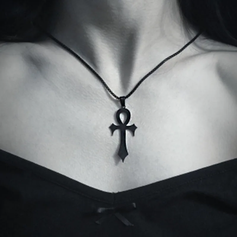 Goth Egyptian Cross Ankh Key of Life Necklace Stainless Steel Black Color Amulet Religious Necklaces Gothic Jewelry Gift N8582