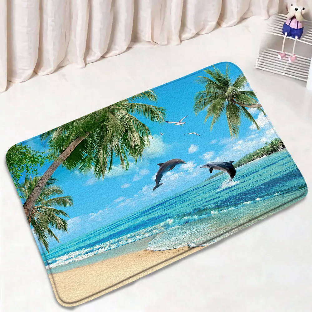 Ocean Beach Bath Mats Dolphin Sea Waves Starfish Coconut Trees Summer Landscape Doormat Home Bathroom Decor Carpet Non-Slip Rug