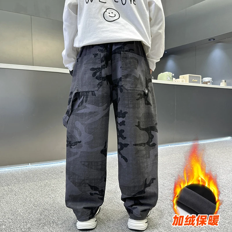 

Boy's Fleece Autumn Winter 2025 New Trend Camouflage Handsome Korean Style Personalized High Quality Pants.4-15year