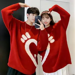 New Couple Christmas Sweater Men and Women Round Neck Thicken Autumn and Winter New Year Pullover Red Love Knitted Sweater Men