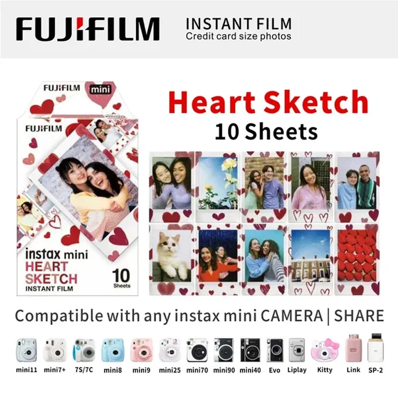 10/20/50 Sheets Fujifilm instax mini 12 11 9 films white Edge 3 Inch Heart Sketch Color film For Instant Camera Mini 8 7s 25 90