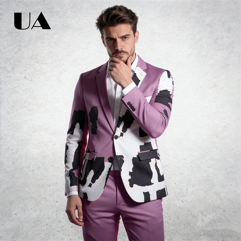 

Fashionable Printed Two Piece Suit for Men, One Button Blazer with Pants, Casual Smart Men's Party Gathering Suits