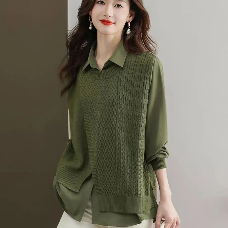 

Women Autumn Two Piece Spliced Shirt Sweater Office Lady Vintage Fashion Loose Chic Knitted Pullovers