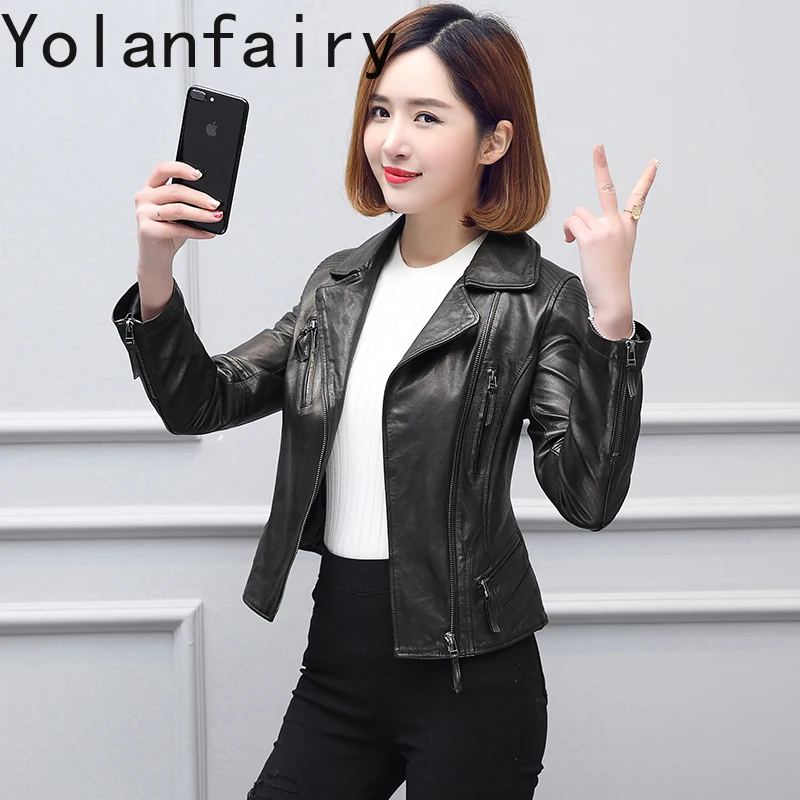 YOLANFAIRY سترة جلدية حقيقية قصيرة للغاية للنساء لربيع وخريف معطف جلد الغنم الحقيقي النحيف ملابس عصرية للدراجات النارية