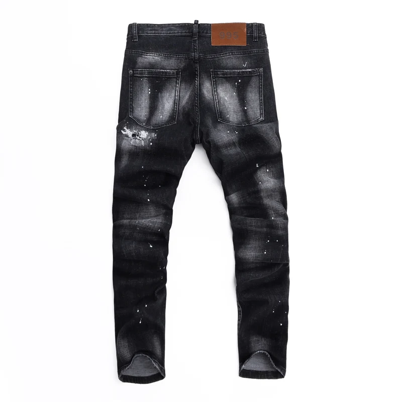Designer Fashion Men's Slimming Jeans Perforated Painted Wrinkled Washed Nostalgic Elastic Black Grey Hip Hop Style