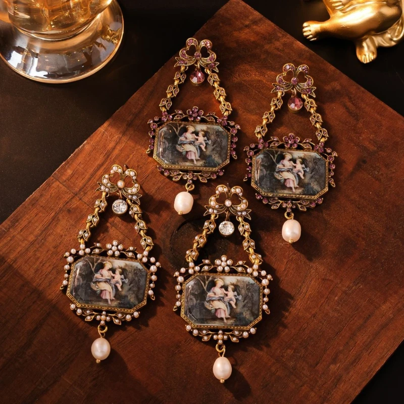 

Enamel Bow Retro Court Earrings,Antique Portrait Diamond Pearl Drop Stud Earrings,Vintage Luxury Jewelry