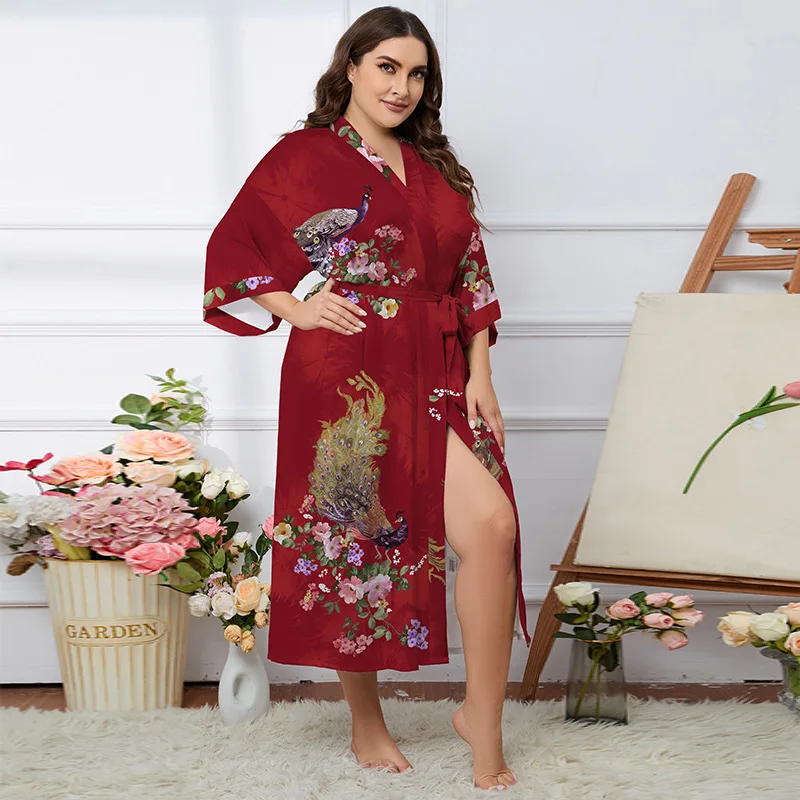 Oversize Print Satin Kimono Robe Women Sleepwear Nightgown Loungewear V-Neck Seven Points Sleeve Bathrobe Gown Lingerie