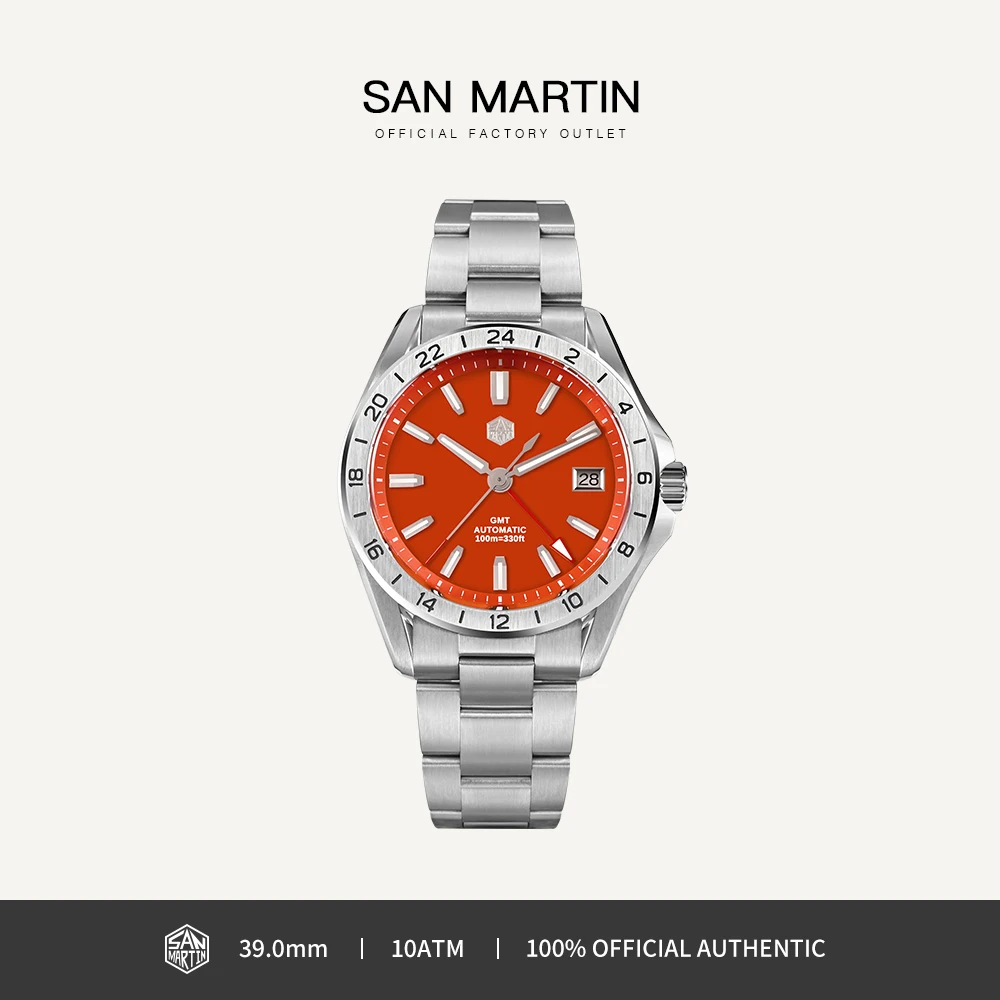 San Martin 39Mm Jam Tangan Pria Batu Giok Hijau Batu Akik Merah Batu Permata Mineral Langka NH34 GMT Jam Tangan Mekanis Otomatis Safir SN0129