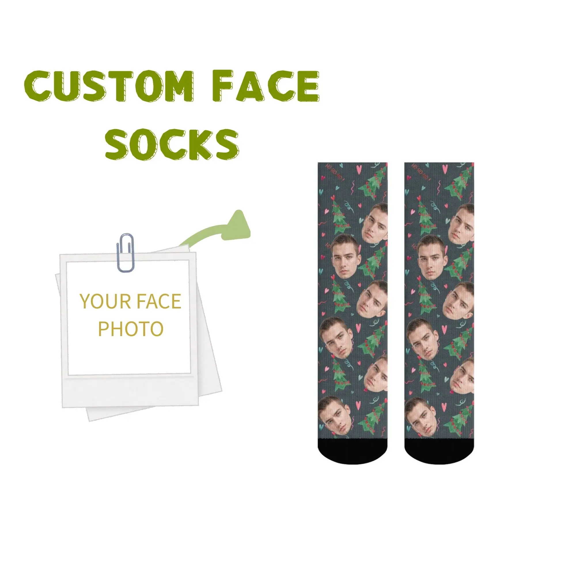 

Personalized Christmas Party Custom Face Socks Tree Hearts & "HO HO HO" Design Fun Warm Gift for Xmas Celebration Gatherings
