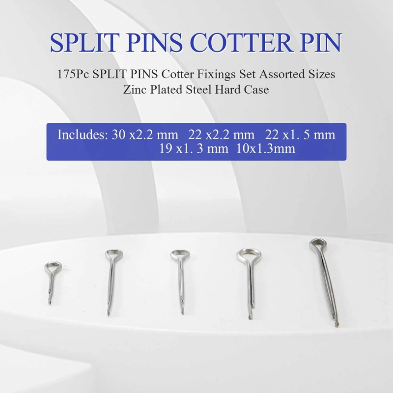 175Pc SPLIT PINS Cotter Fixings Set Assorted Sizes Zinc Plated Steel Hard Case