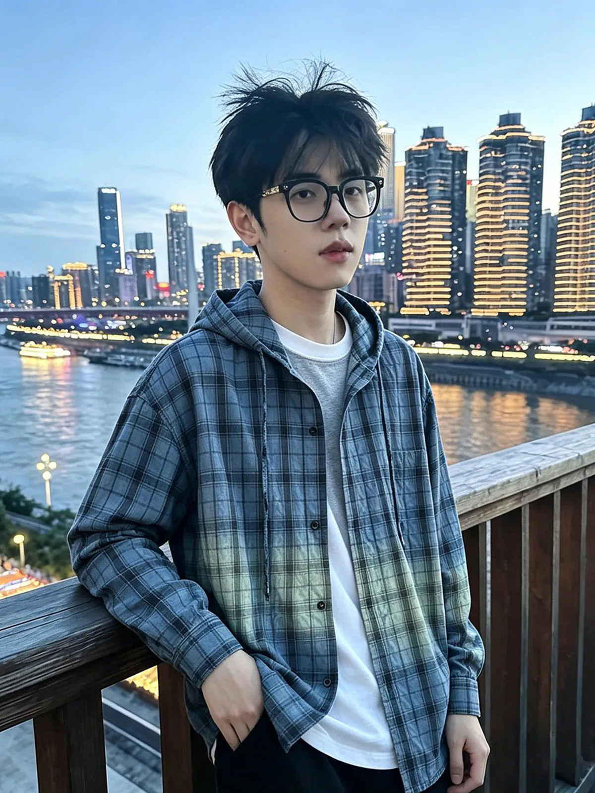 Blue Plaid Loose Men's Shirt Summer Breathable Lightweight Outerwear Youthful Feel Casual Style Long Sleeve Hooded Top