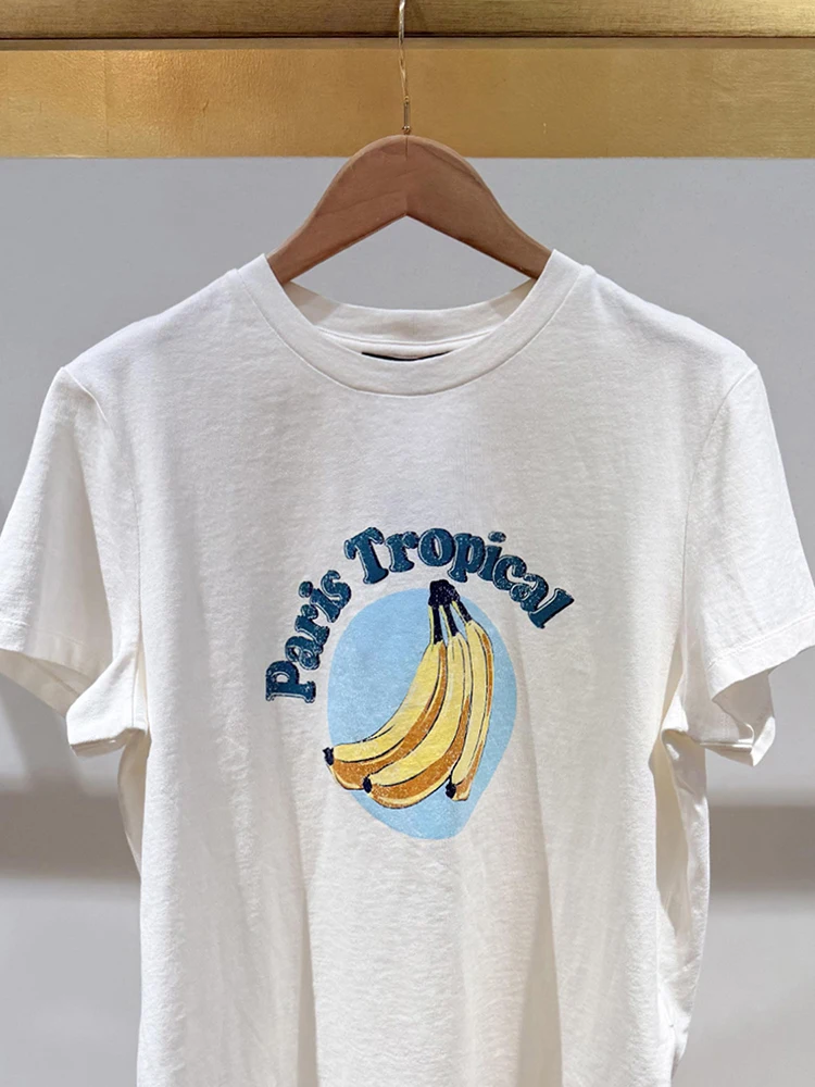 M Home South Oil الراقية المرأة Faion صيف 2025 ort Sve القطن الخالص الفاكهة تي شيرت مطبوع قمة العصرية تخفيف Sle