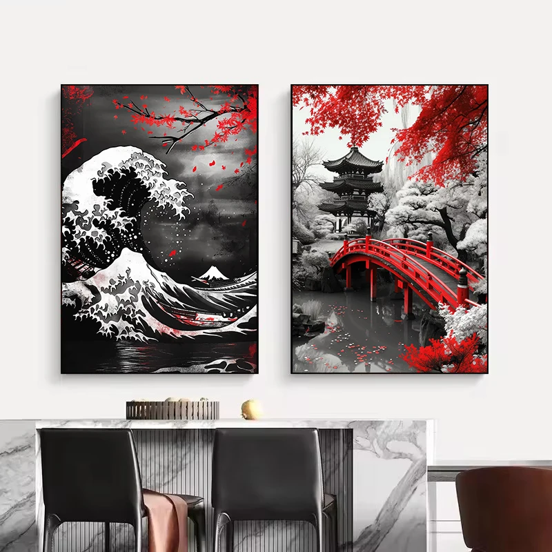 Samurai Warrior Red Moon Canvas Painting Japanese Natural Landscape Mountain Temple Posters Vintage Wall Art Prints Home Decor - view 3