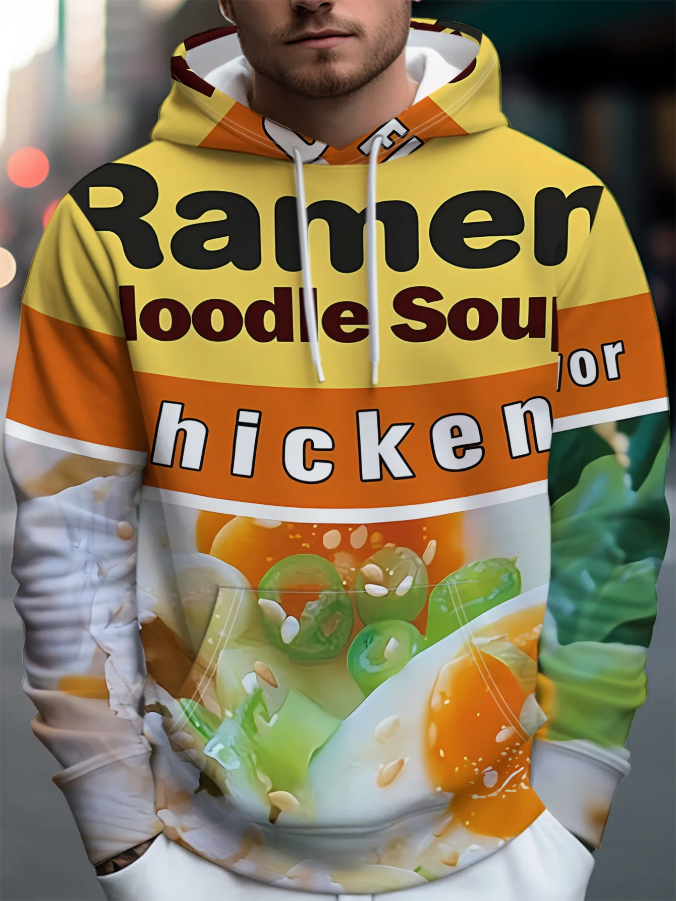 Herren-Hoodie mit Hühnergeschmack-Ramen-Nudel-Verpackungsdruck, Langarm, Lässiger Pullover mit Lebensmittelmotiv – Detail 2