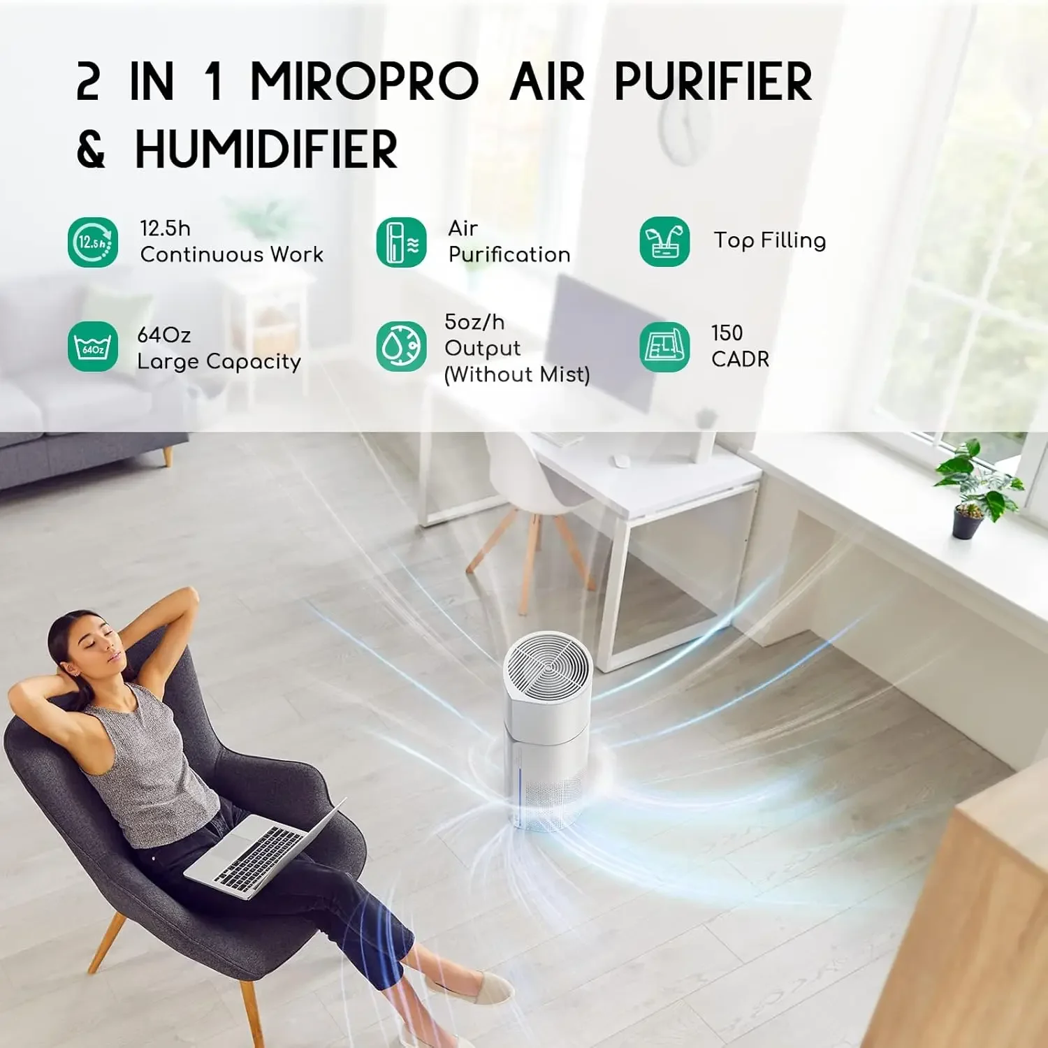 Purificateur d'air 2 en 1 avec humidificateur, livre en 3 étapes pour les allergies à la maison, les animaux domestiques, les odeurs de fumoir de cheveux, humidificateur par évaporation, A