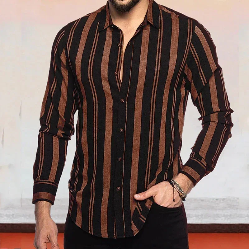 2024 men\'s shirt button up shirt casual shirt black red brown long sleeved striped street daily clothing fashionable casual and