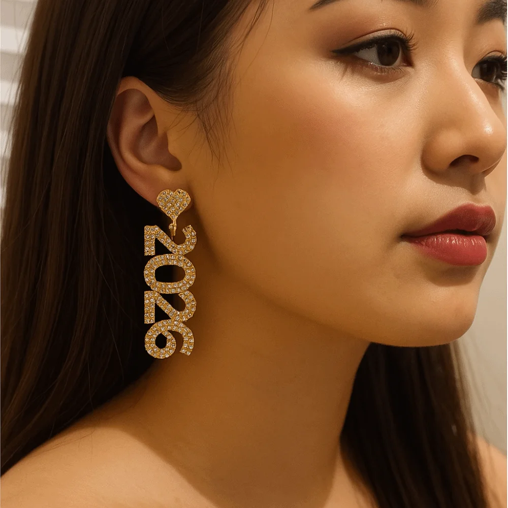 العصرية الجمالية 2026 وأقراط حجر الراين قطرة طويلة أقراط السنة الجديدة 2026 قلادة لامعة حجر الراين أقراط السنة الجديدة