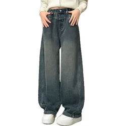 Children Casual Loose Straight Fit Jeans for Girls Wide Leg Cool Denim Pants Kids Teenager Spring Elastic Waist Jeans Trousers
