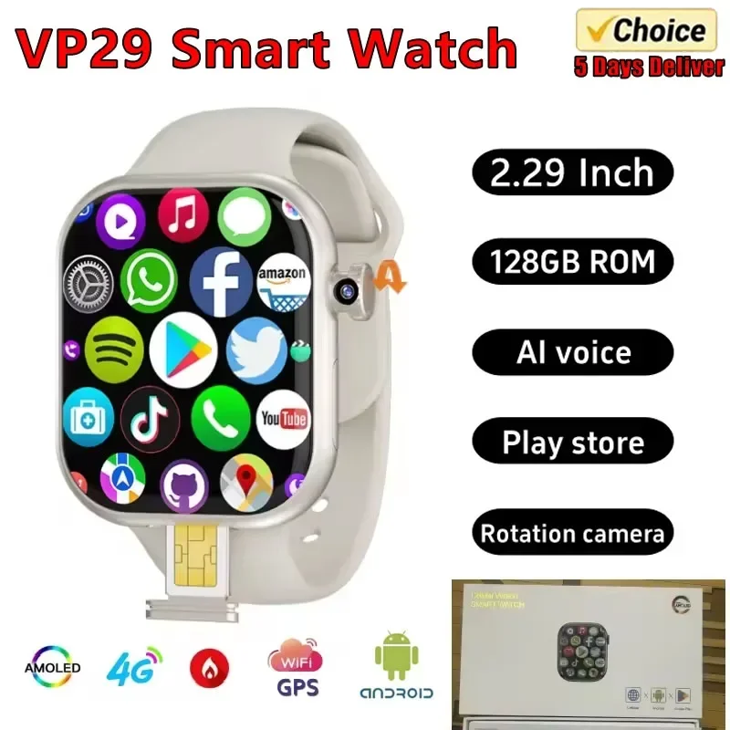 

5G новые умные часы VP29, Android 10.0, рабочая система, 2,29-дюймовая поворотная камера Amoled, GPS, Wi-Fi, загрузка приложения Google Play
