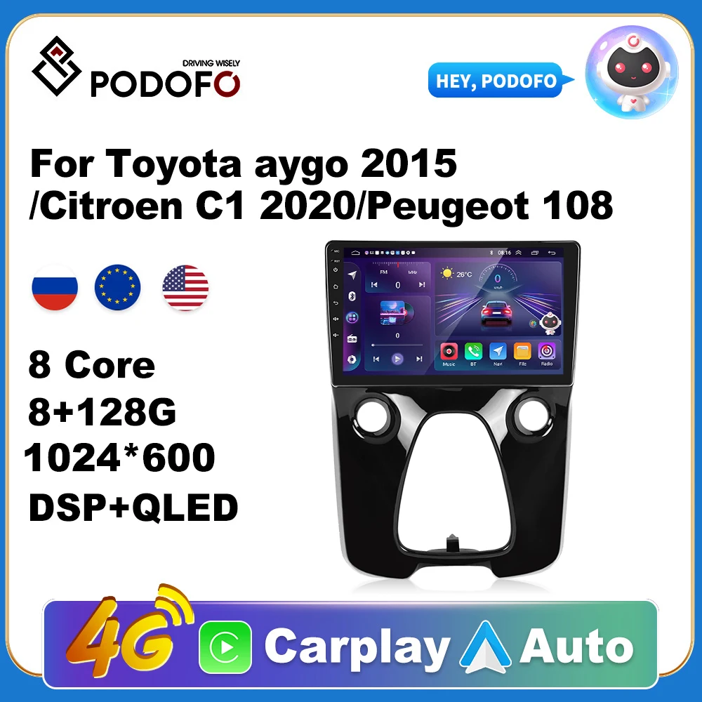 

Podofo Wireless CarPlay Andorid Auto Car Radio For Toyota aygo 2015/Citroen C1 2020/Peugeot 108 Multimedia GPS 2din autoradio