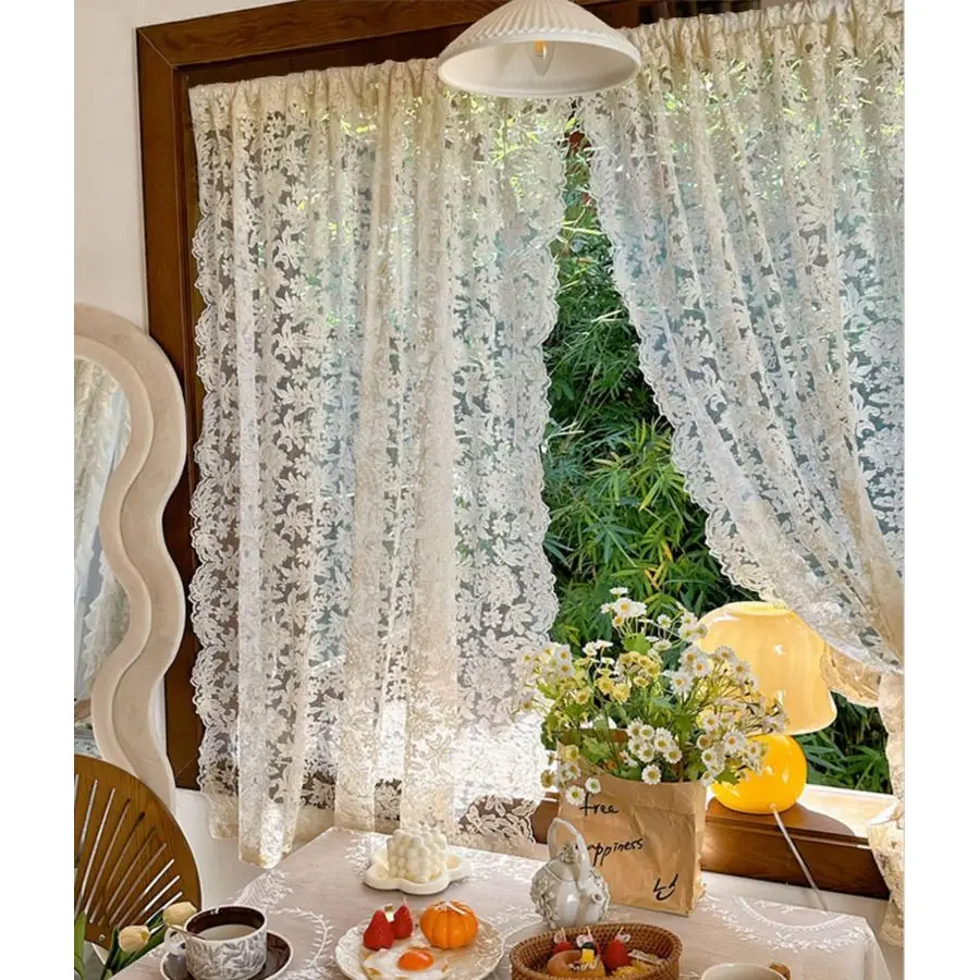 

Panels French Curtains Lace Gauze for Living Room 51 Inches Width, 78.7 Inches Height Cream Retro Wavy Edge Bedroom Bay Window G