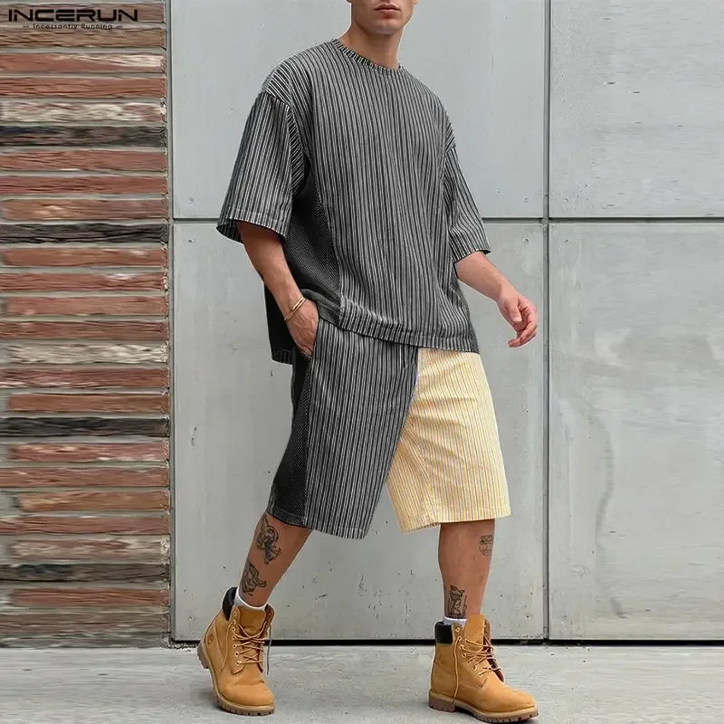 

INCERUN Men's Sets Striped Patchwork O-neck Short Sleeve T Shirt Shorts Two Piece Sets Streetwear 2026 Fashion Men Matching Sets