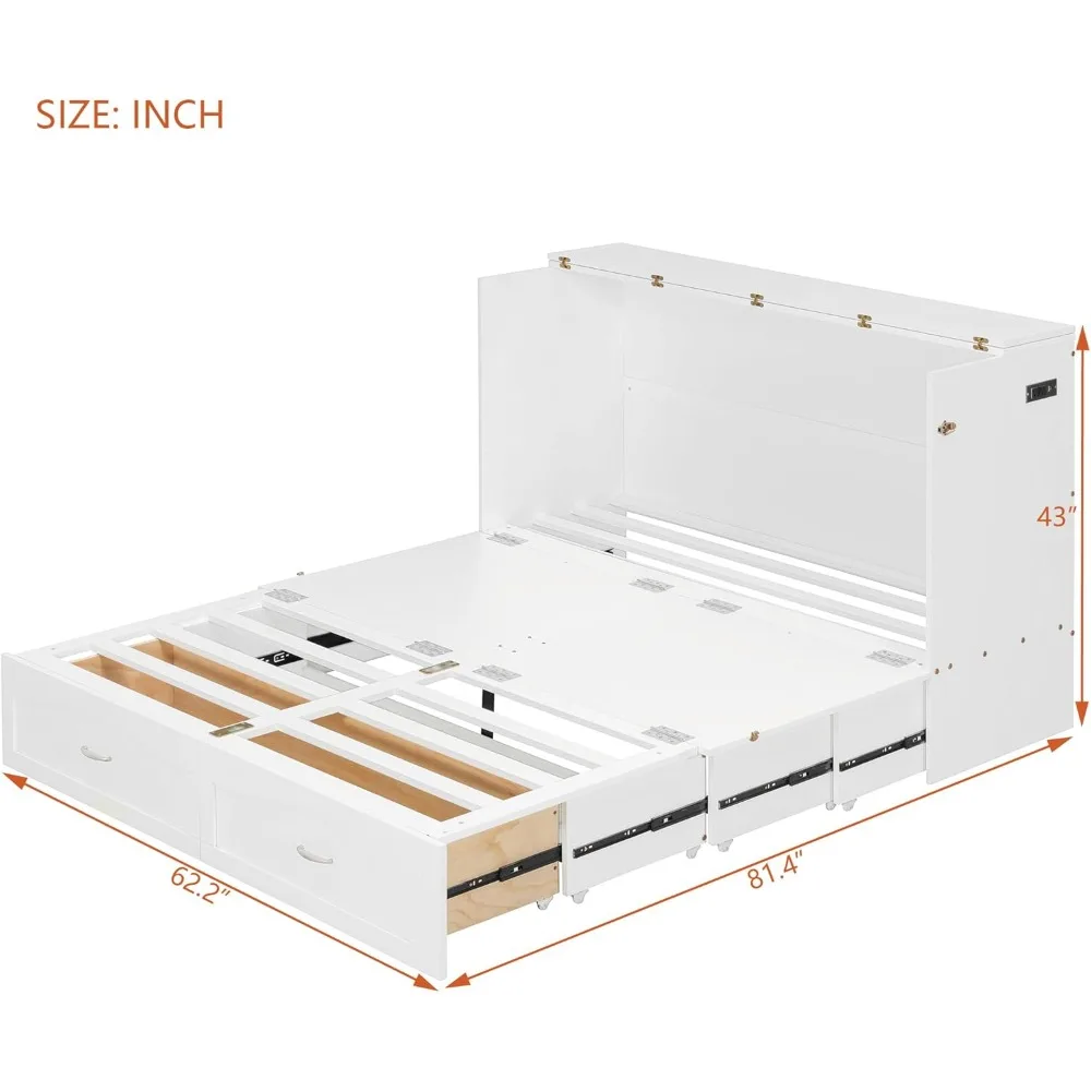 خزانة سرير ميرفي بحجم كوين مع درج تخزين، USB، محطة شحن، سرير مورفي خشبي F