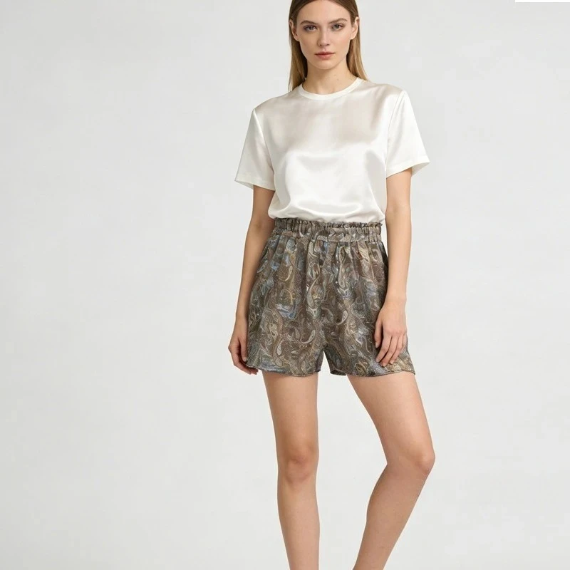 100% calças de seda amoreira natural, shorts femininos estampados de cetim, calças casuais com design de bolso de cintura elástica, 2026 primavera/verão novo