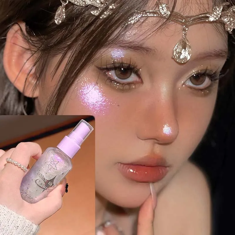 Diamentowy Spray do Makijażu z Brokatem na Twarz i Ciało Szampański Fioletowy Bronzer Płynny Rozświetlacz Flash Spray Shimmer do Twarzy, Ciała i Włosów