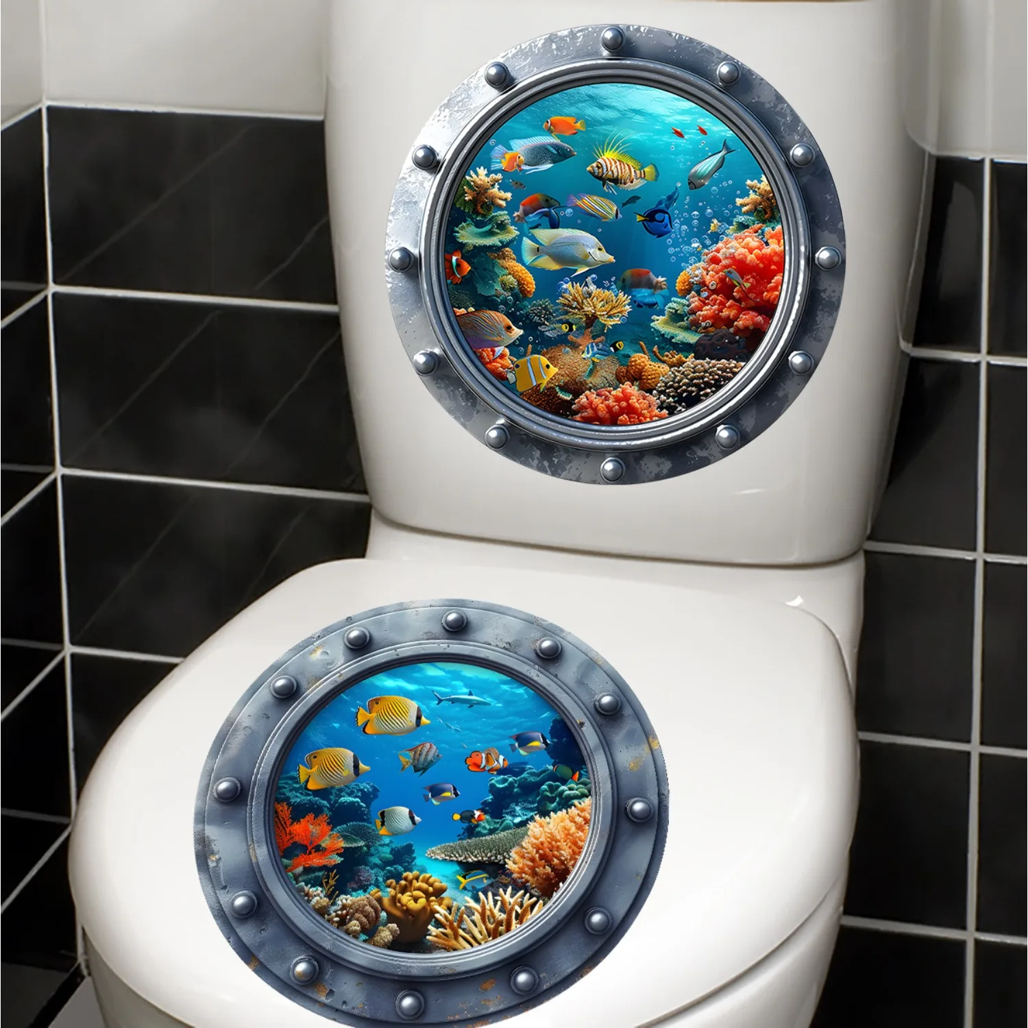 2 Sets Each Ocean Fish Porthole Toilet Decals Self Adhesive Waterproof Bathroom Decor