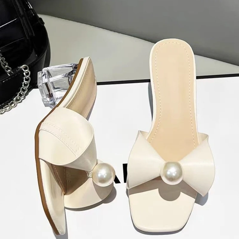 

Fashion Butterfly-knot Pearl Modern Slippers Summer Square Toe Women High Heels Outdoor Ladies Slides Shoes Chunky Heel Sandals