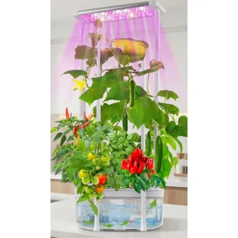 Indoor hydroponics growing system kit with trellis, ABS plastic, white, smart LED grow light for herbs, short tomato, pepper, c