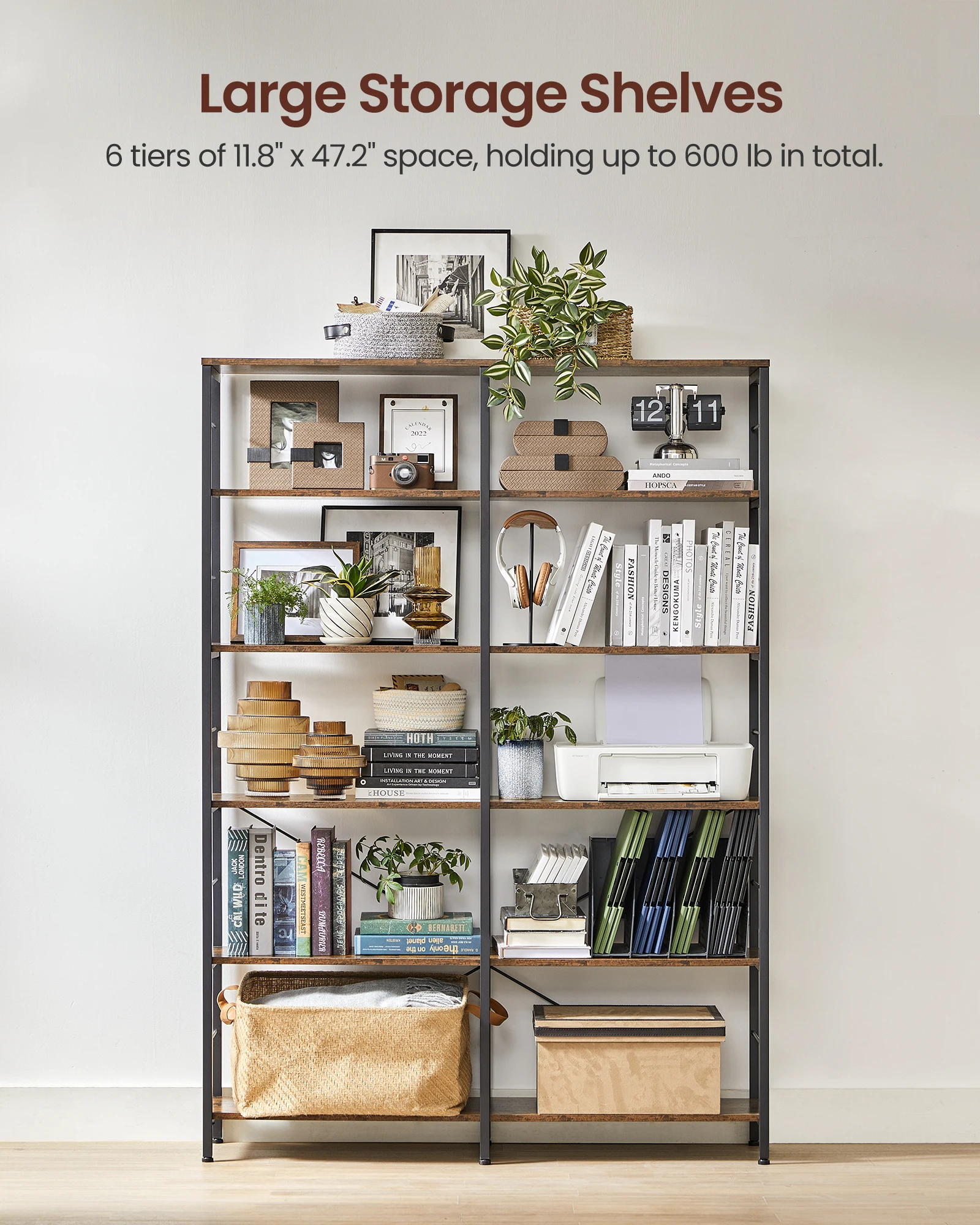 VASAGLE 6-Tier Bookshelf, Shelving Unit, Tall Storage Shelf, 30 x 120 x 172.5 cm, Industrial Style, Room Divider