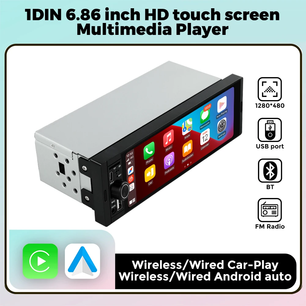 1Din MP5 Player autoradio 6.86 pollici Touch Screen Multimedia Wireless CarPlay Android Auto Support BT SWC per autoradio universale