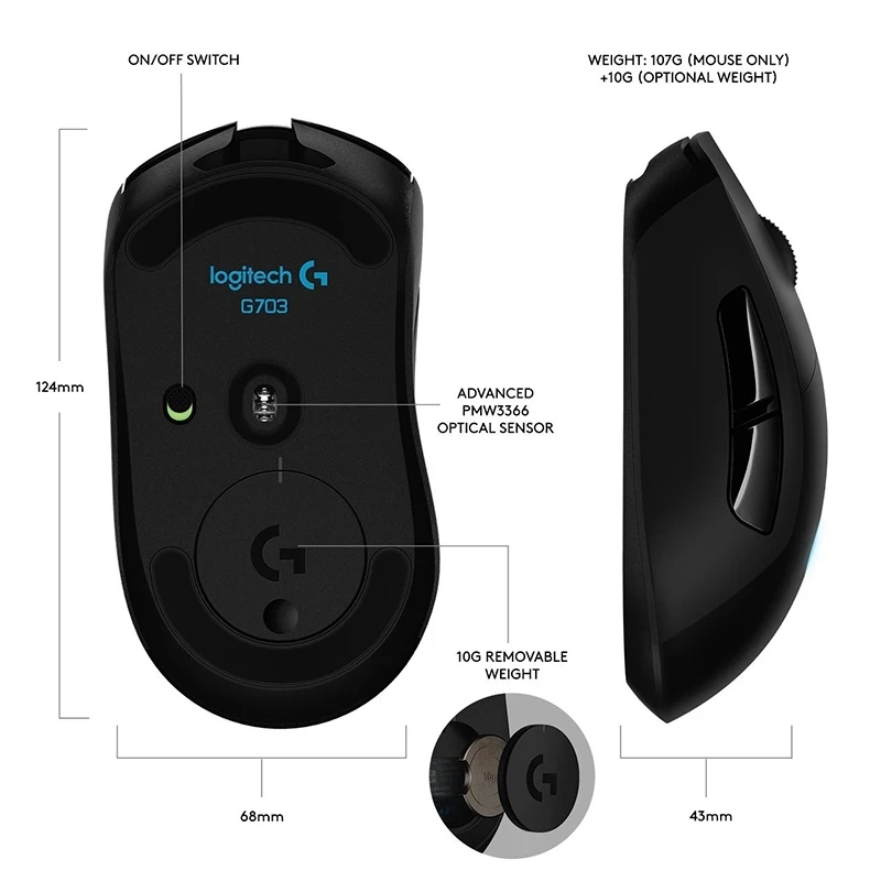 Logitech G703 Gaming Mouse Mechanical RGB 25K Hero 25600DPI Wired And Wireless Dual Charging Support Powerplay