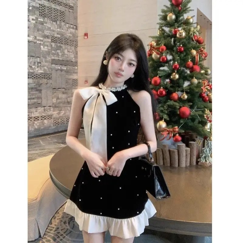 Black Bowknot Halter Neck Loose Dress for Women Spring Summer A-Line Dress with Beaded Elegant Evening Dress