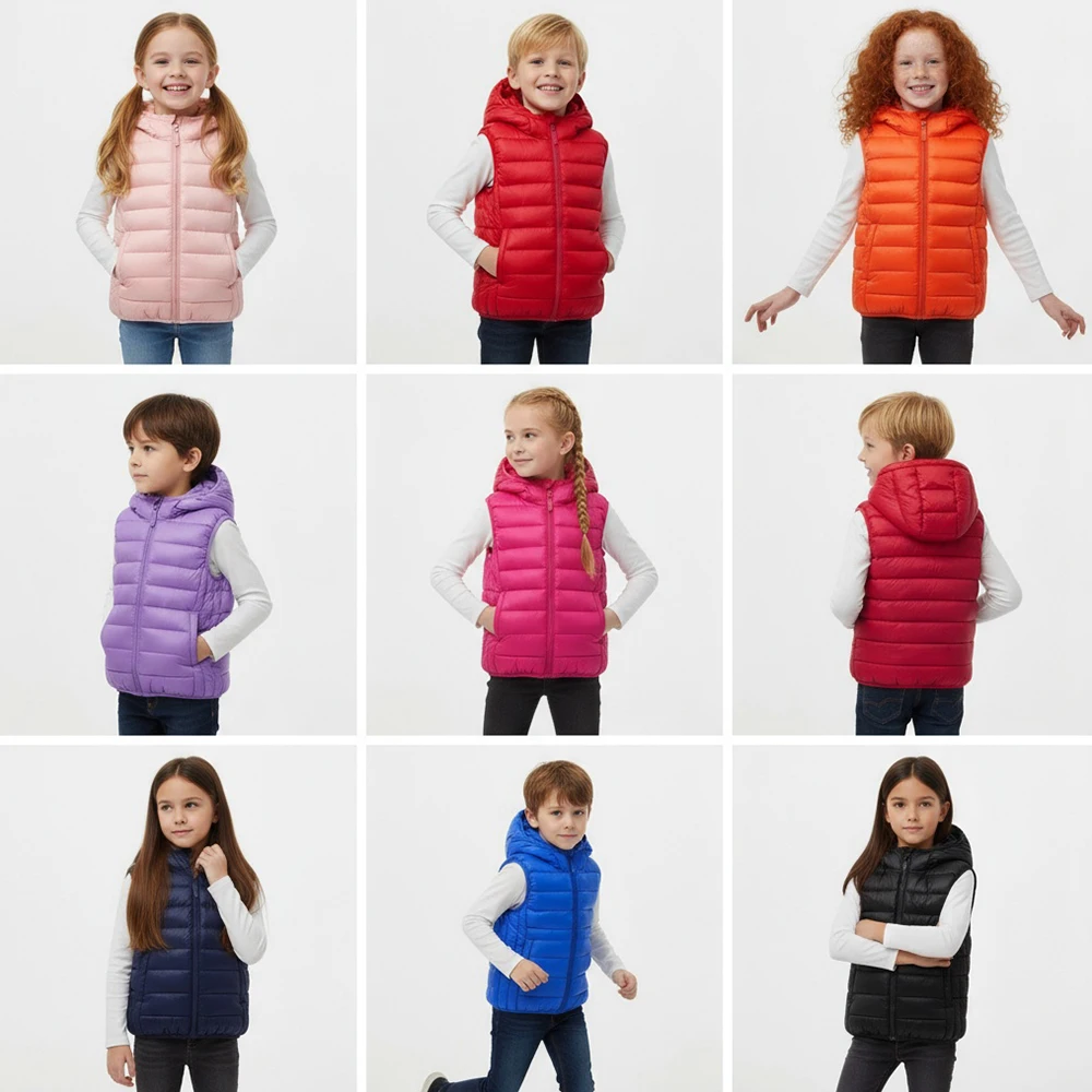 

Kids Hooded Vest Lightweight Winter Sleeveless Jacket, Polyester Fiber Fill 8 Colors, Warm Cozy Zip-Up Waistcoats for Boys Girls